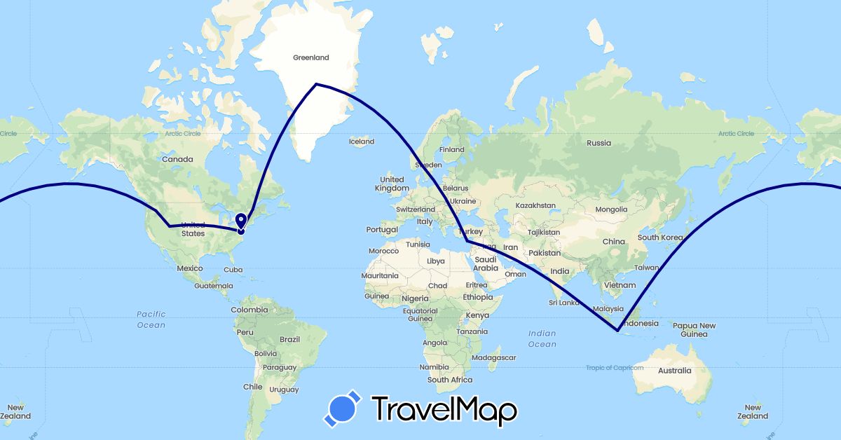 TravelMap itinerary: driving in Canada, Cyprus, Greenland, Indonesia, Japan, Norway, United States (Asia, Europe, North America)